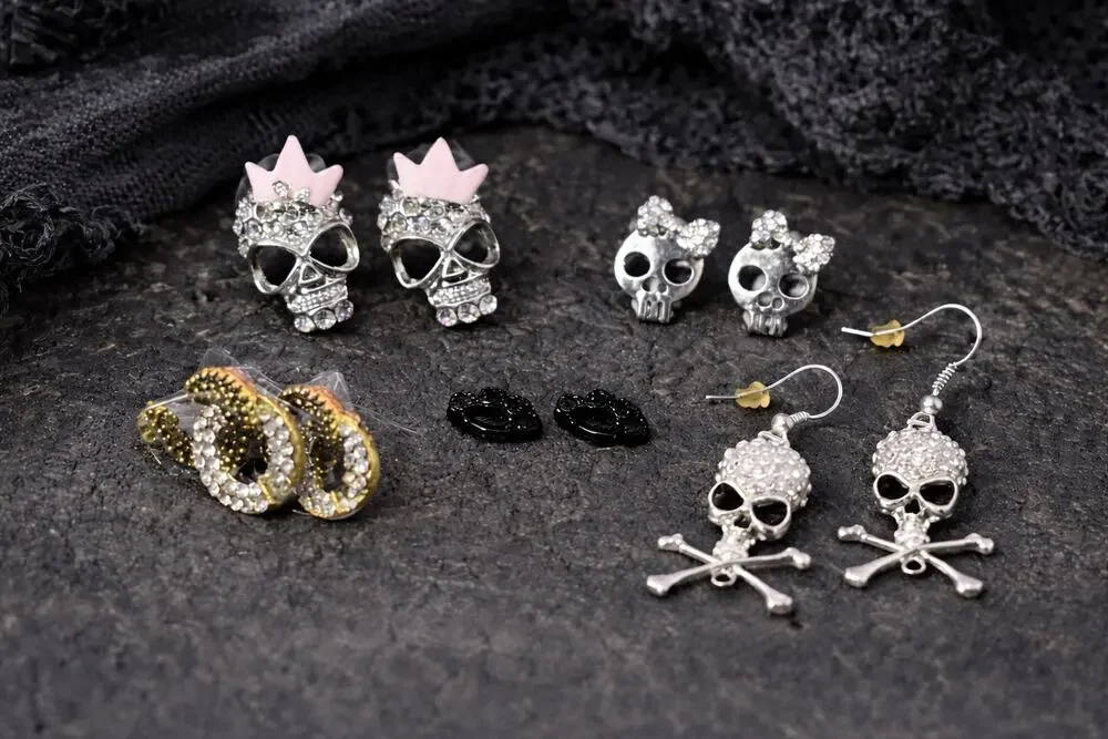 Skull Earrings Lot Gothic Rhinestone Skull Studs & Dangle Earrings Punk Y2K